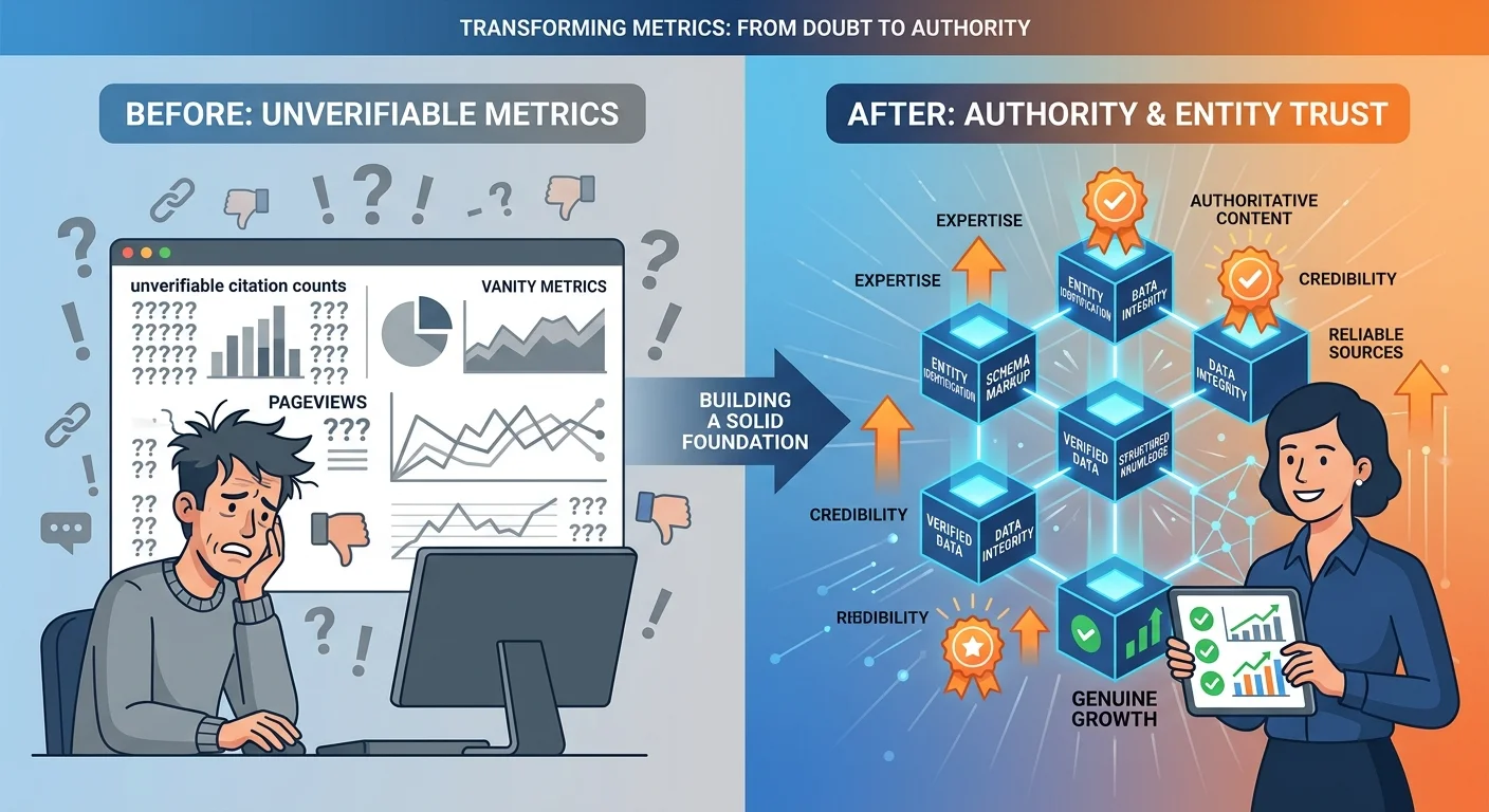 contrast between chasing unverifiable AI citation counts versus building verifiable Authority Infrastructure