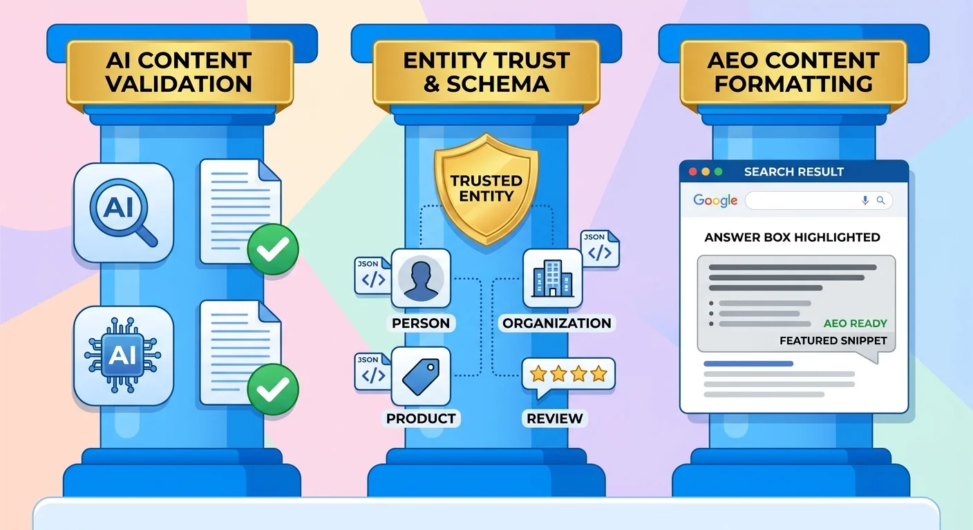 three differentiators of iTech Valet AEO content cluster execution showing validation entity trust and AEO writing