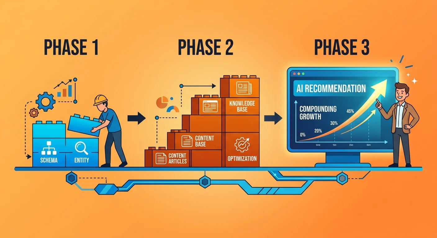 three phase AI Authority Engine implementation timeline from infrastructure to compounding authority