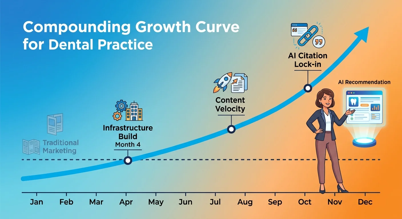 12 month compounding authority asset growth curve versus static brochure site