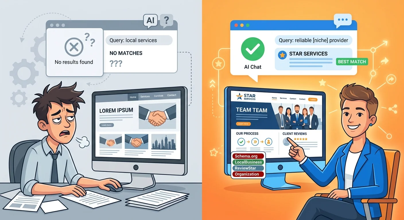 Comparison of template website invisible to AI versus structured authority website recommended by AI search