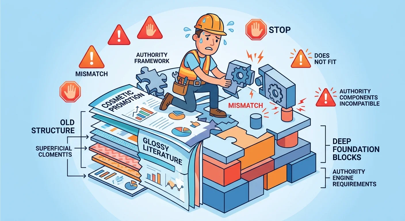 Visual representation of why retrofitting a traditional website into an Authority Engine fails at the structural level