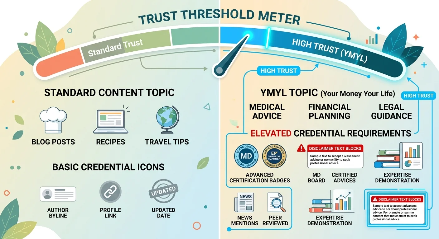 YMYL topic credential thresholds and external validation requirements compared to standard content