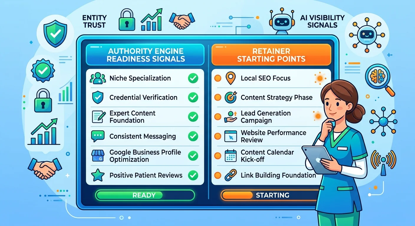 chiropractor AI authority decision signals checklist for Authority Engine versus retainer path