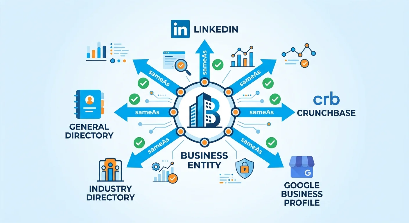 sameAs property diagram showing entity disambiguation through authoritative platform connections