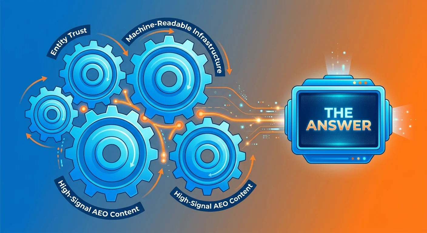 Five AI Authority Engine components working together as interconnected system powering AI recommendations