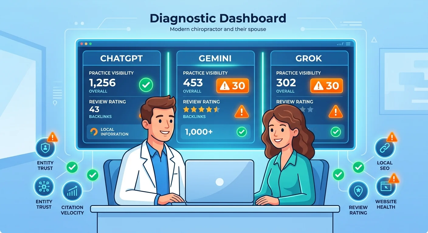 AI Authority Snapshot dashboard showing chiropractic practice visibility across AI engines