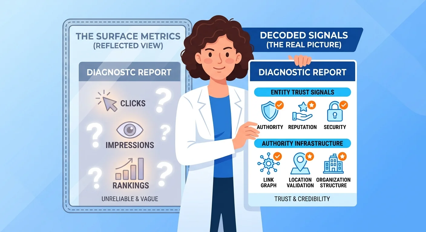 AI Visibility Check diagnostic report decoded into entity trust signals and authority gaps