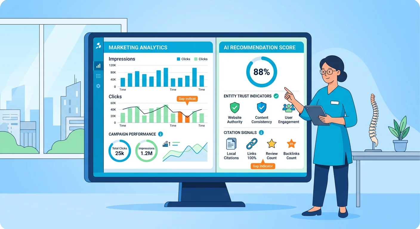 AI visibility check diagnostic dashboard comparing entity trust signals to standard marketing metrics