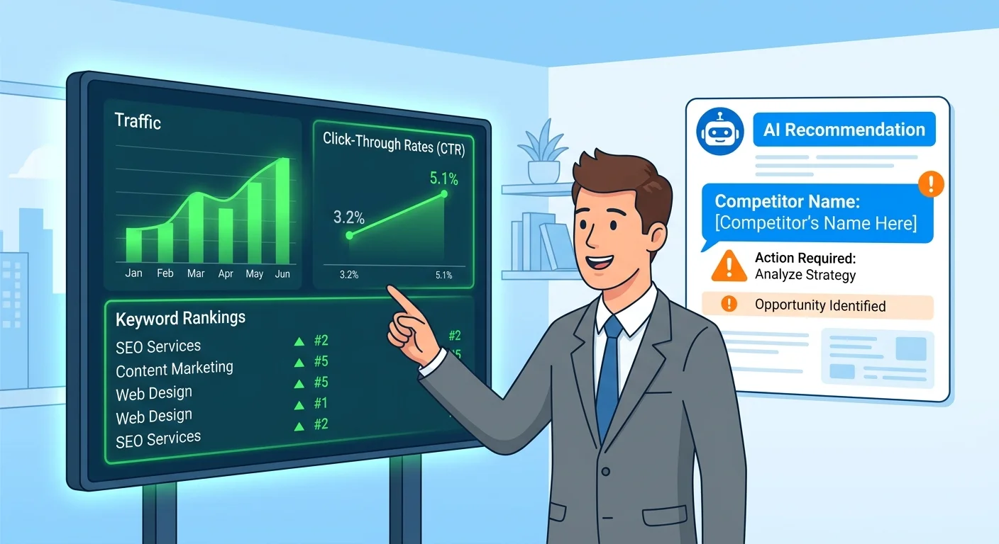 Traditional SEO scoreboard metrics versus AI authority recommendation gap
