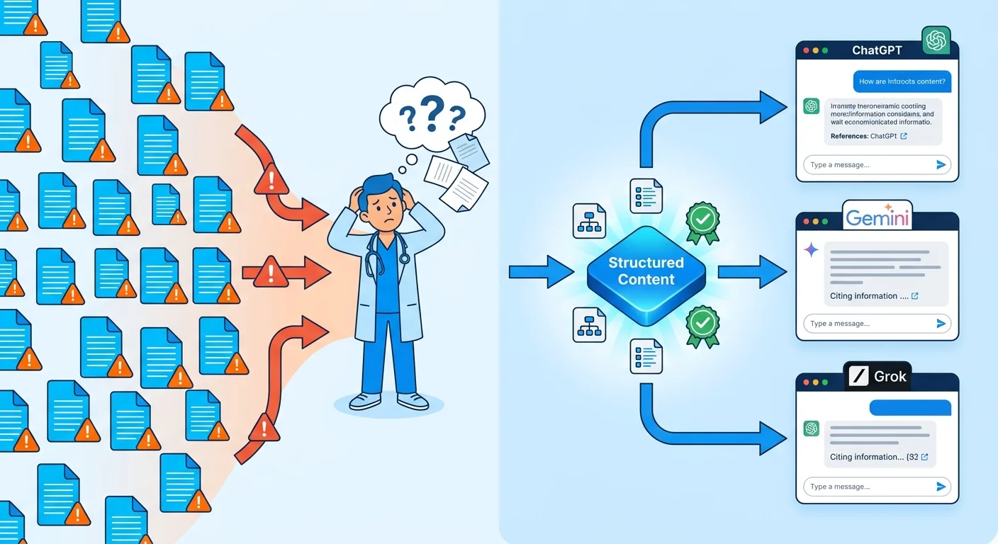 high volume content vs AI authority content healthcare visibility comparison