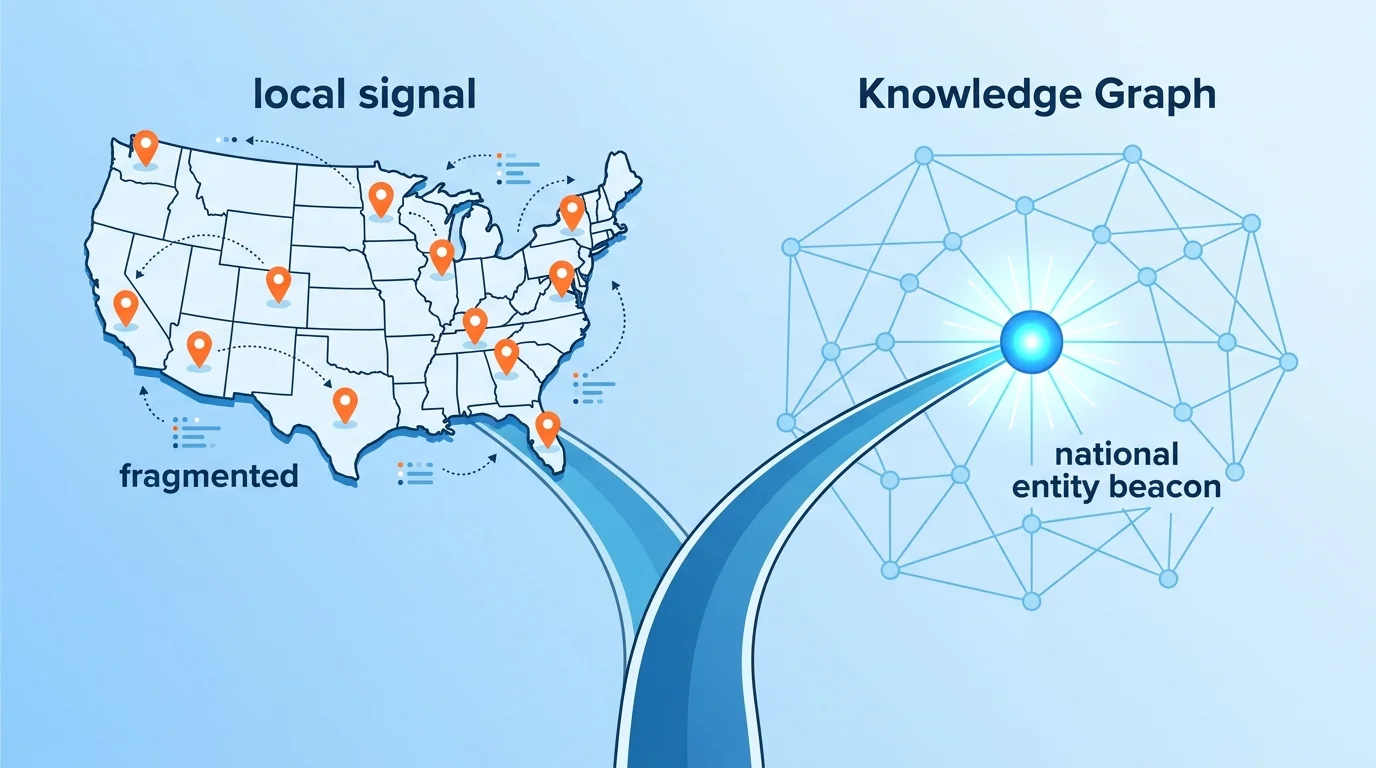 local AEO geographic pins vs national AEO single Knowledge Graph entity node