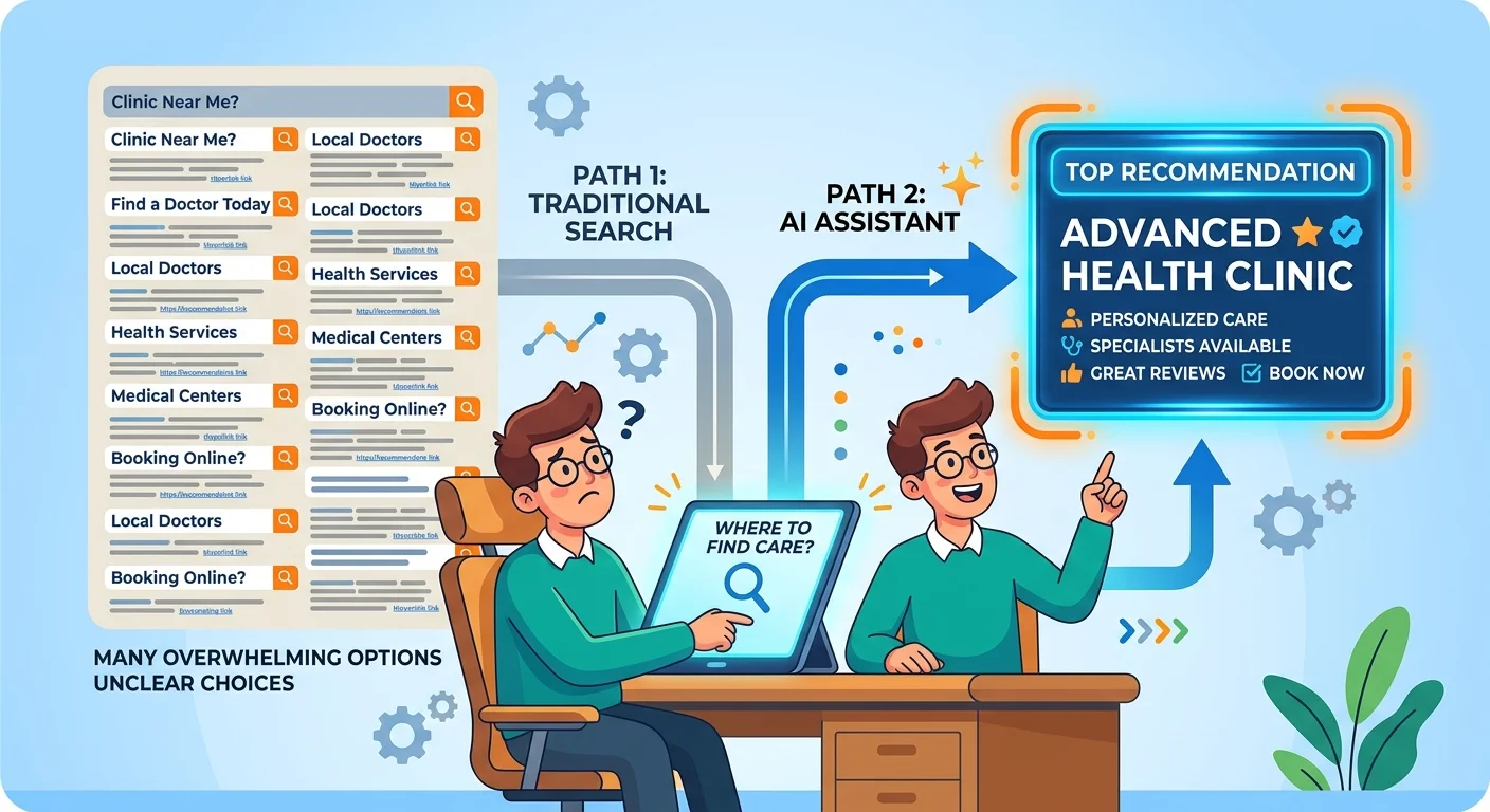 patient search path shifting from list results to single AI verdict recommendation