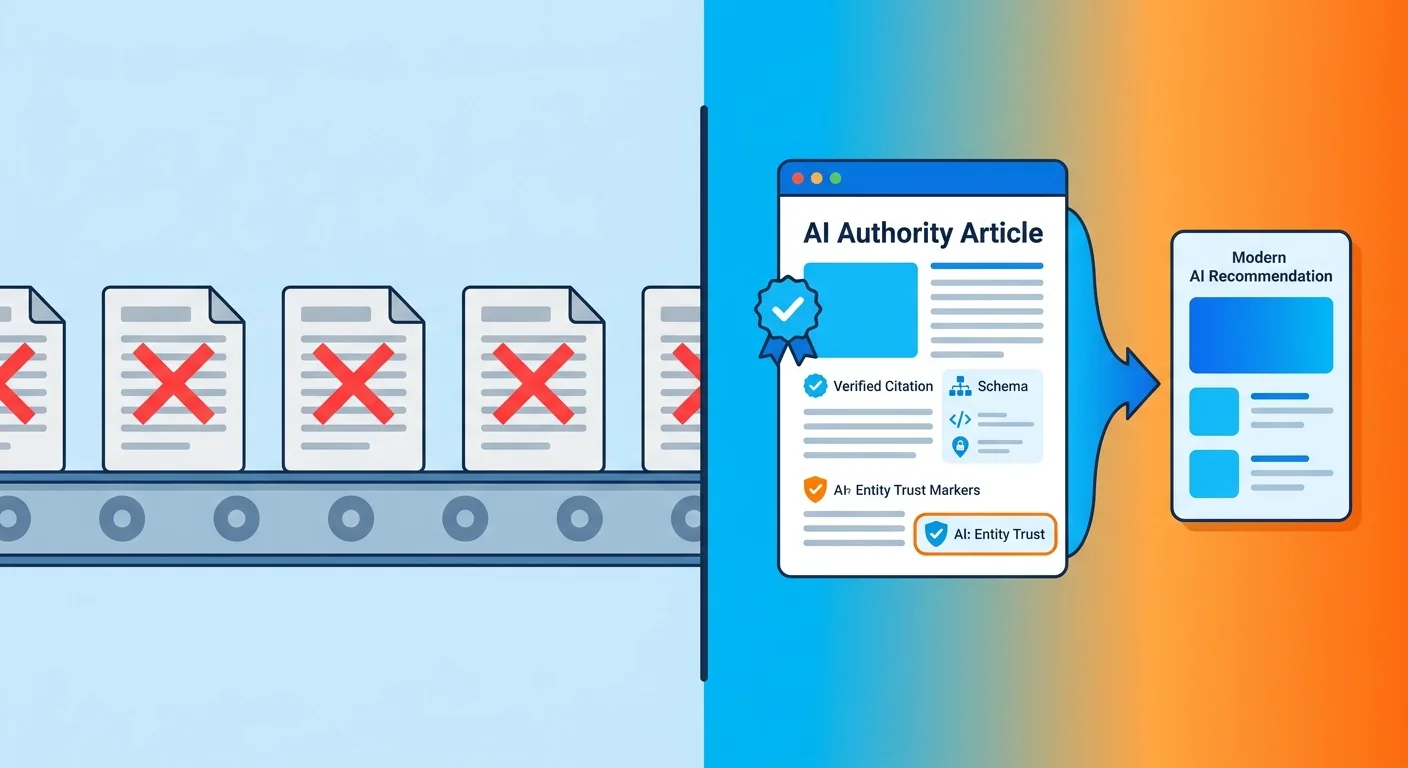 Commodity content mill output versus structured AI Authority Content comparison