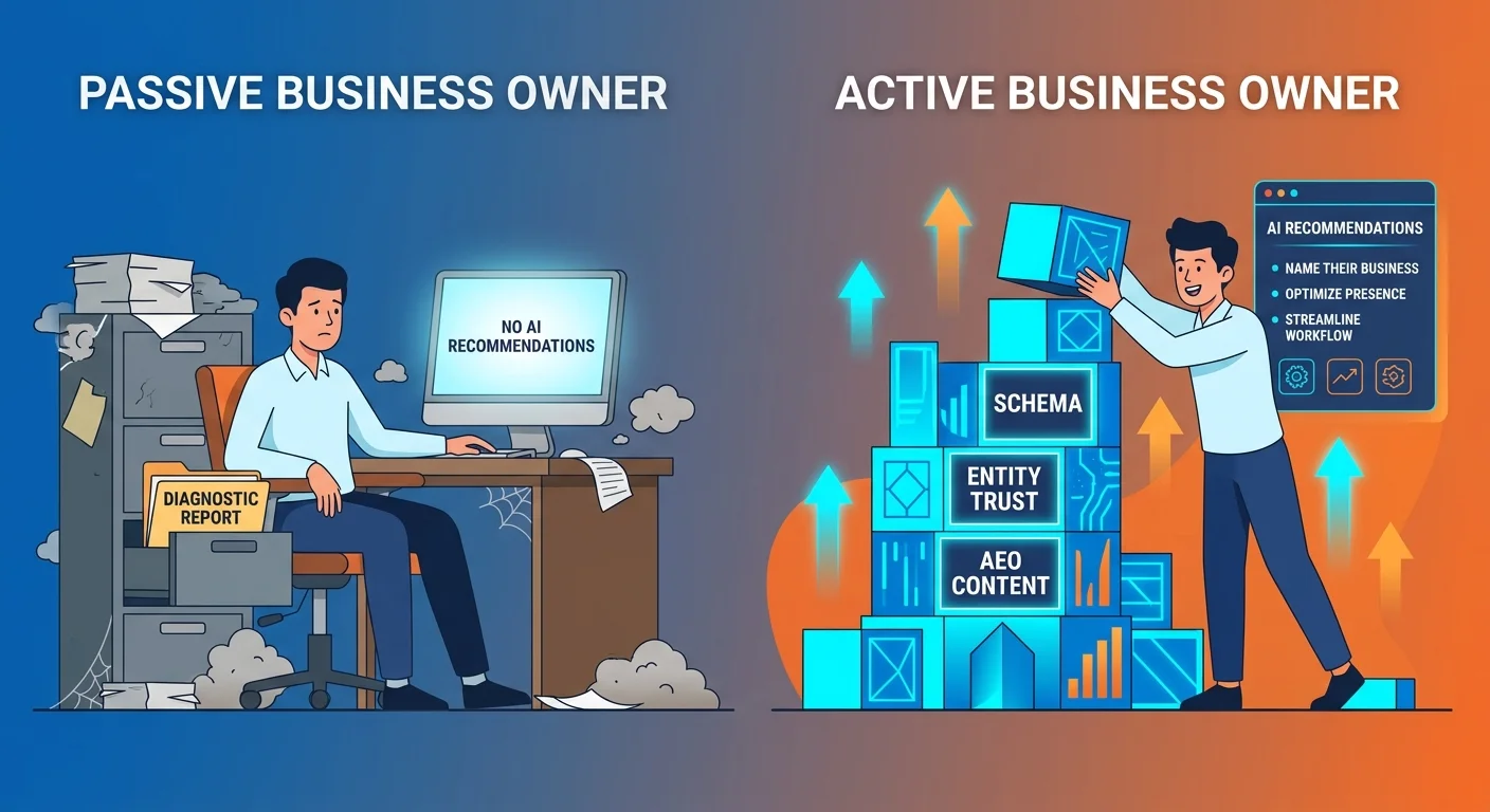 Passive report collection versus active AI authority infrastructure building comparison