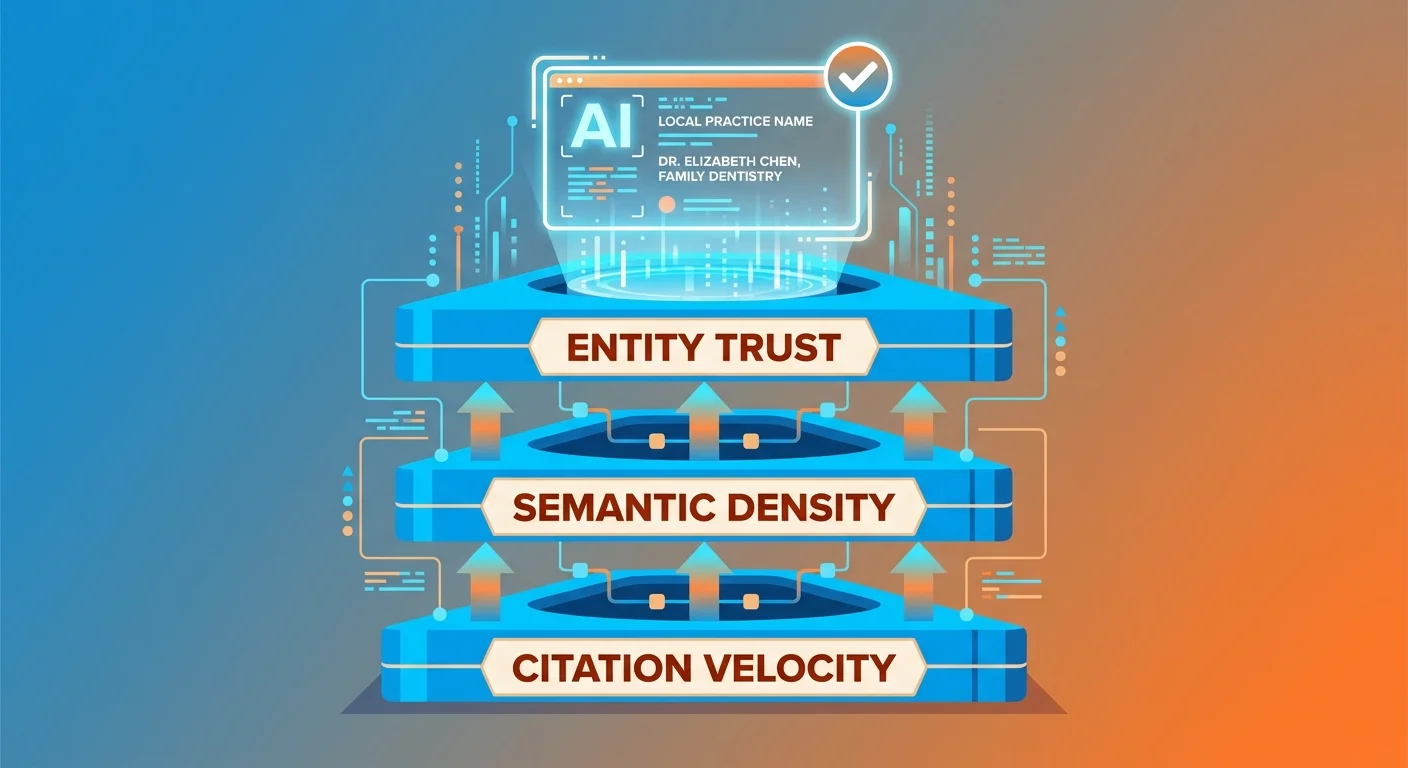 Three AI authority signals Entity Trust Semantic Density Citation Velocity stacked framework