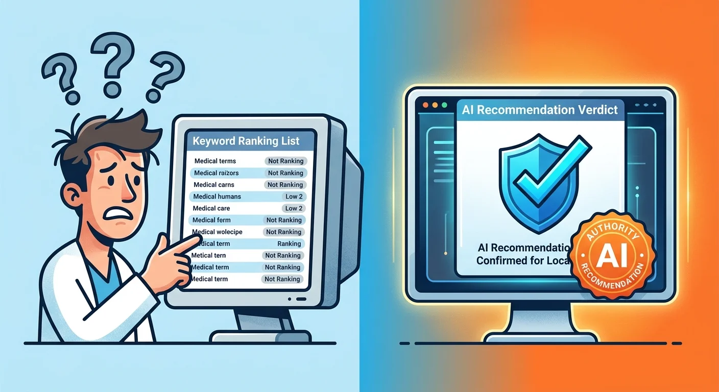 Traditional SEO keyword ranking versus AI answer engine single recommendation verdict