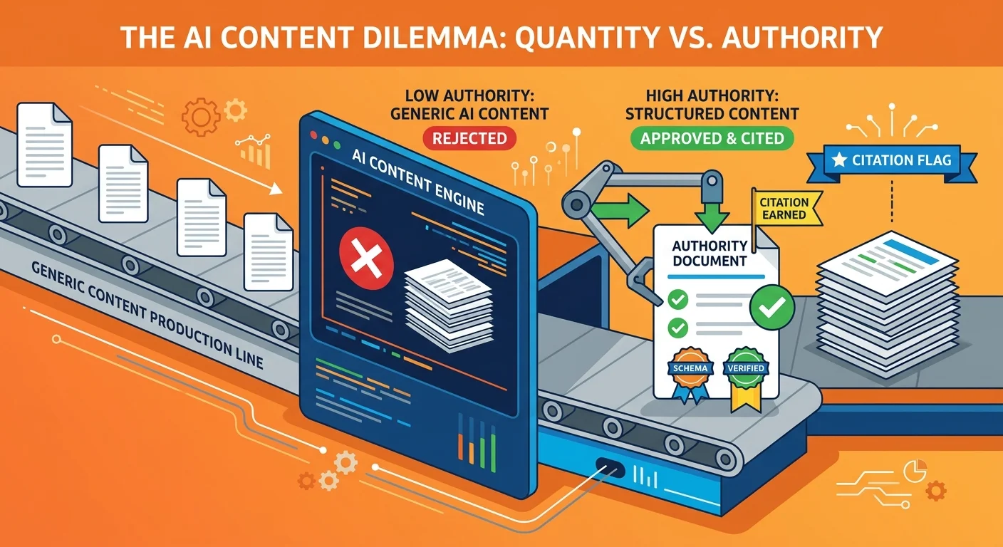 high volume content mill output rejected by AI engine versus structured authority content cited