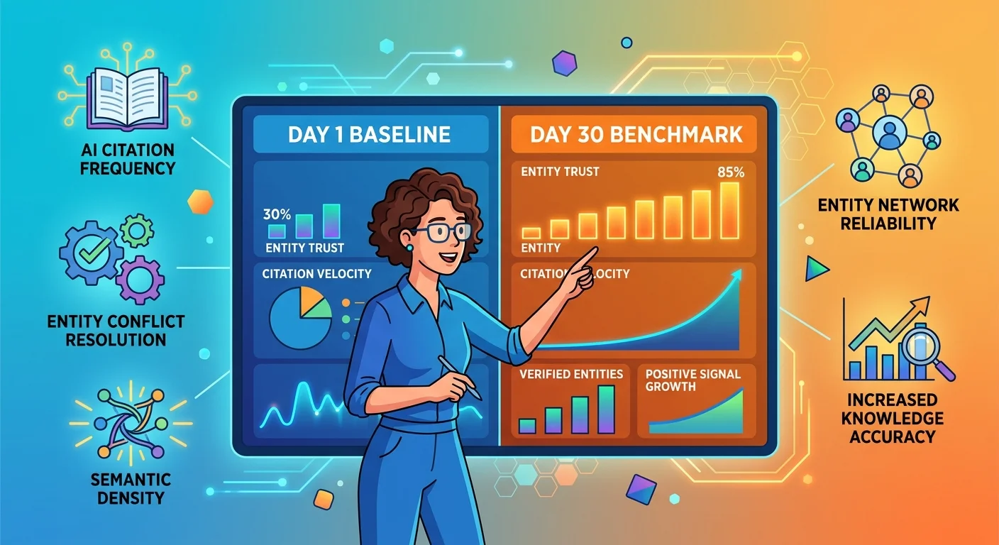 AI authority baseline measurements dashboard comparing day one signals to day 30 benchmarks