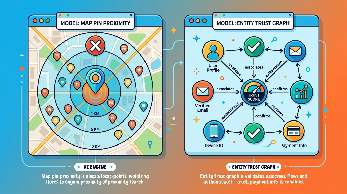AI engine entity trust signals versus proximity based local search ranking