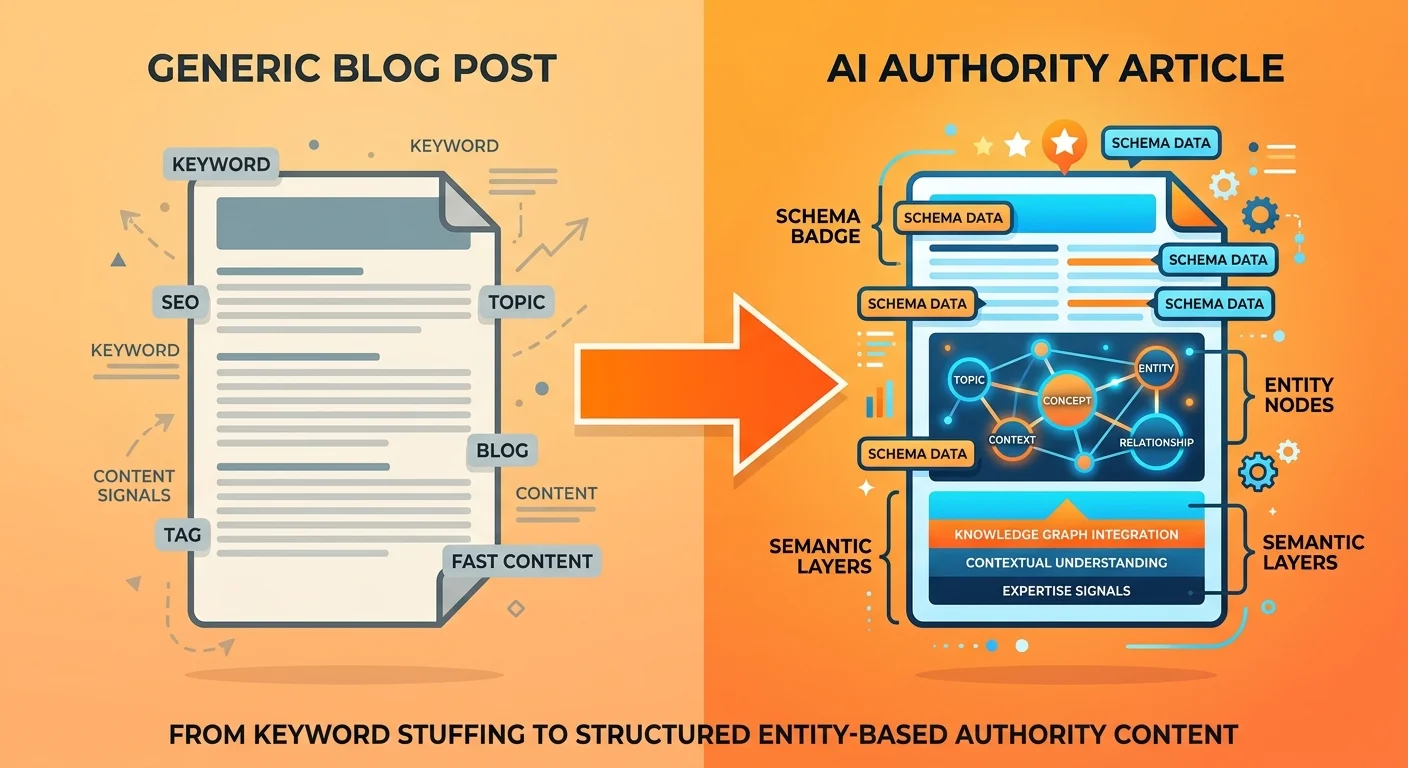 Comparison of traditional blog post versus AI Authority article structure for healthcare AEO