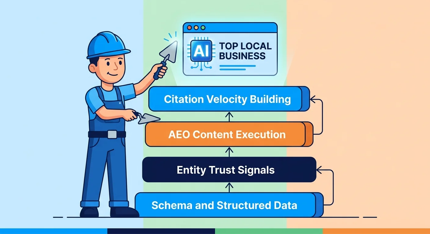 Four-part AI authority infrastructure rebuild framework schema entity trust AEO content citation velocity