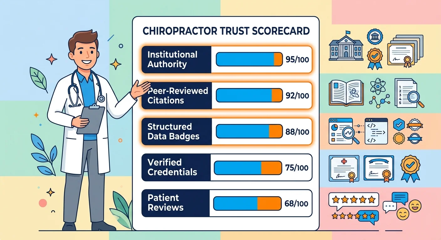 Healthcare entity trust scorecard showing AI engine evaluation signals for clinic authority