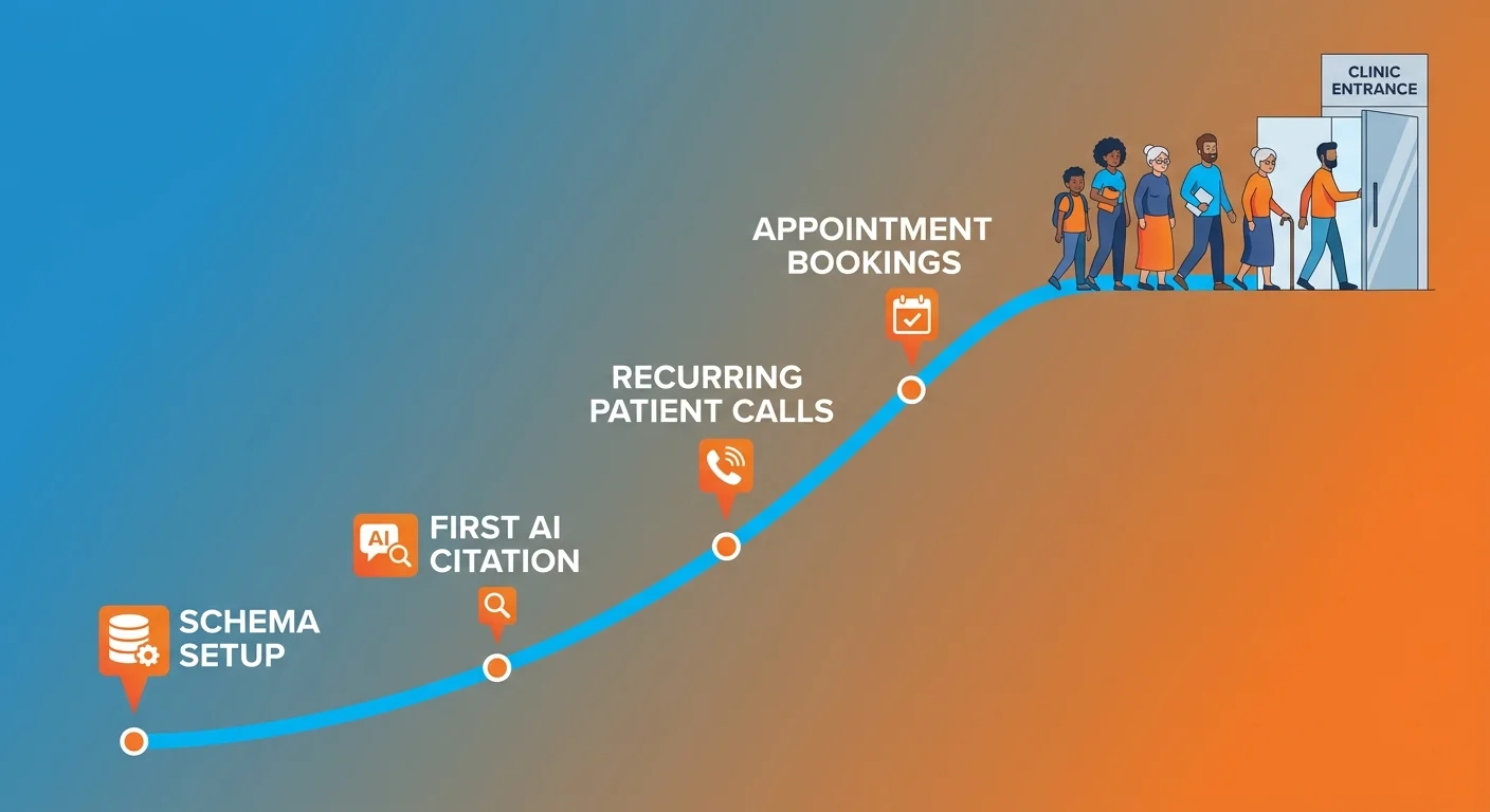 AI authority content compounding timeline from citation to patient appointment bookings