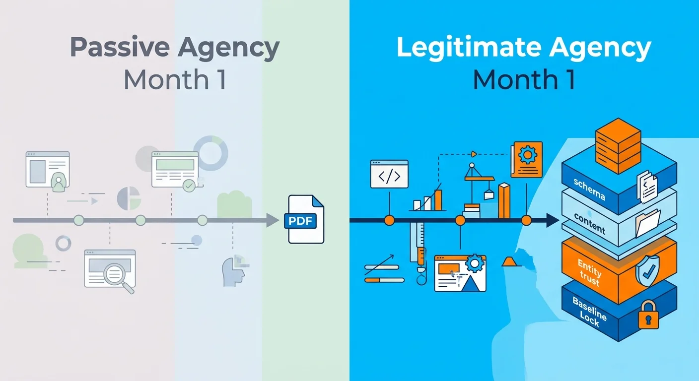 Comparison of passive agency versus legitimate AI authority agency first month deliverables