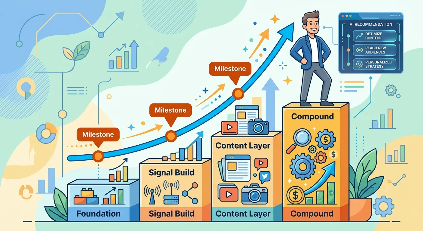 Compounding authority execution cadence phases leading to consistent AI recommendation