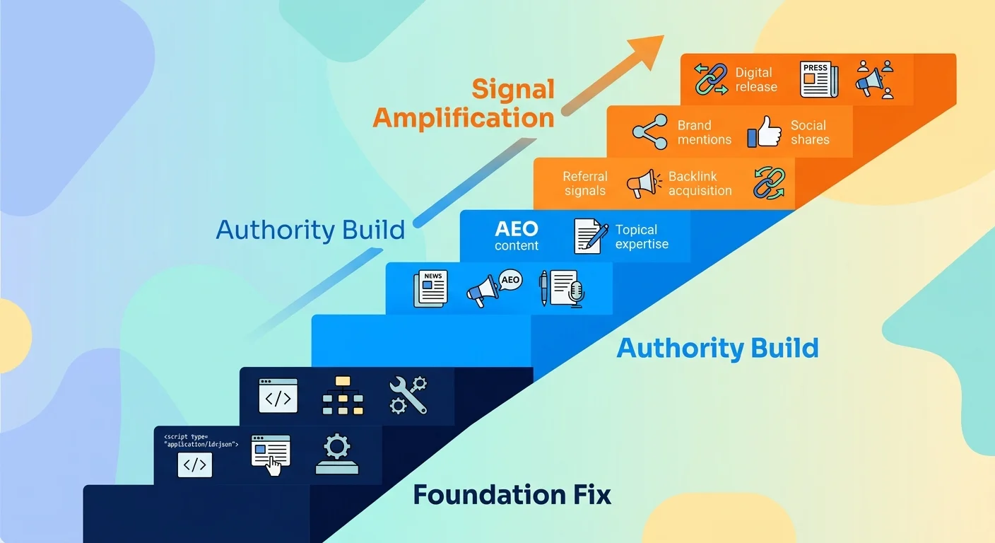 Three phase investment sequence from foundation fix to authority build to signal amplification