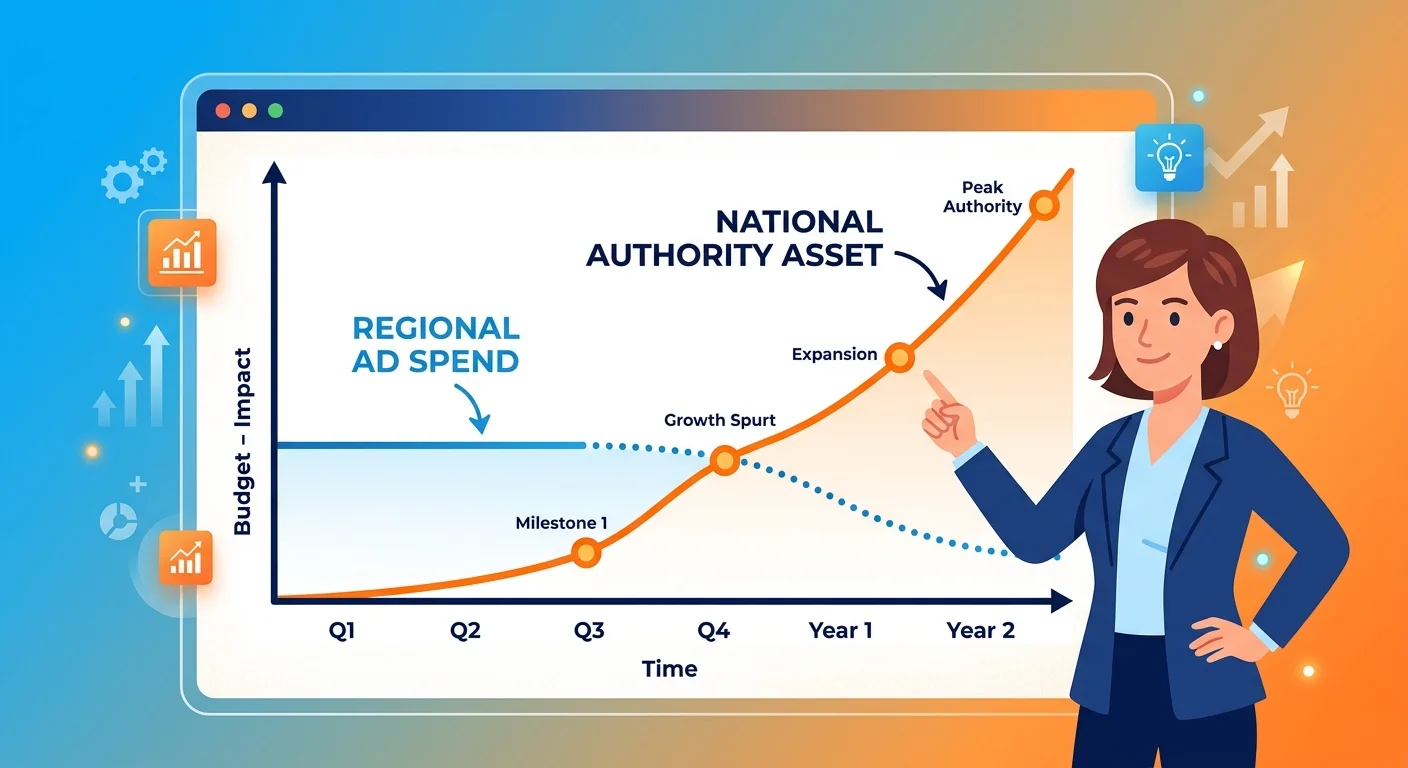 compounding national authority asset return versus depreciating regional ad spend over time