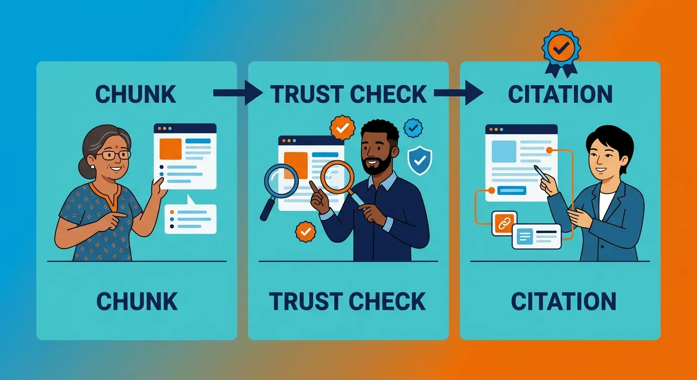 Answer engine chunking trust and citation decision process