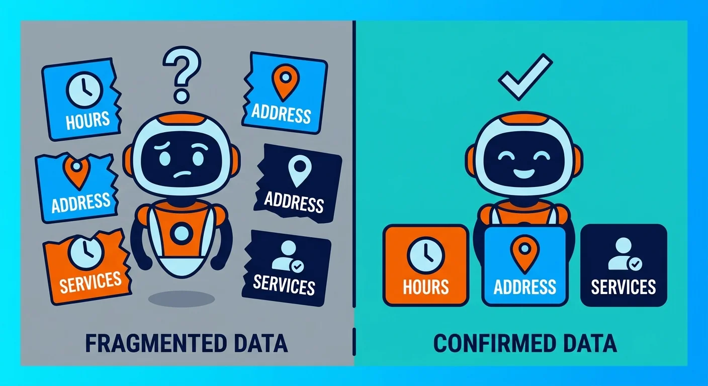 AI hallucination risk from fragmented versus confirmed clinic data