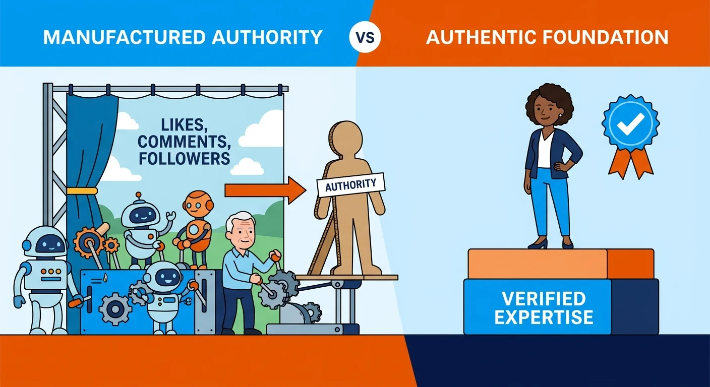 automated bots faking authority behind a stage set backdrop