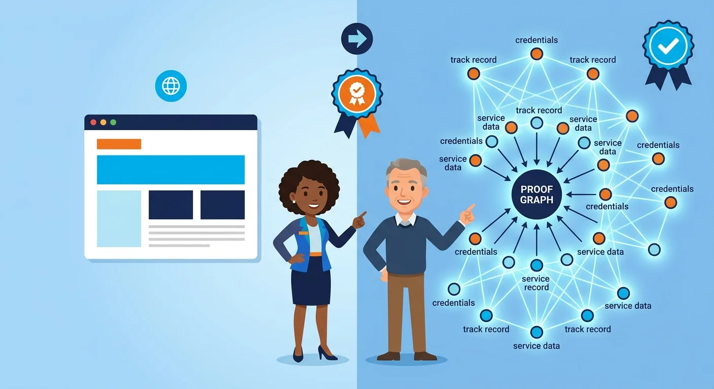 Auditable proof graph network versus flat website comparison
