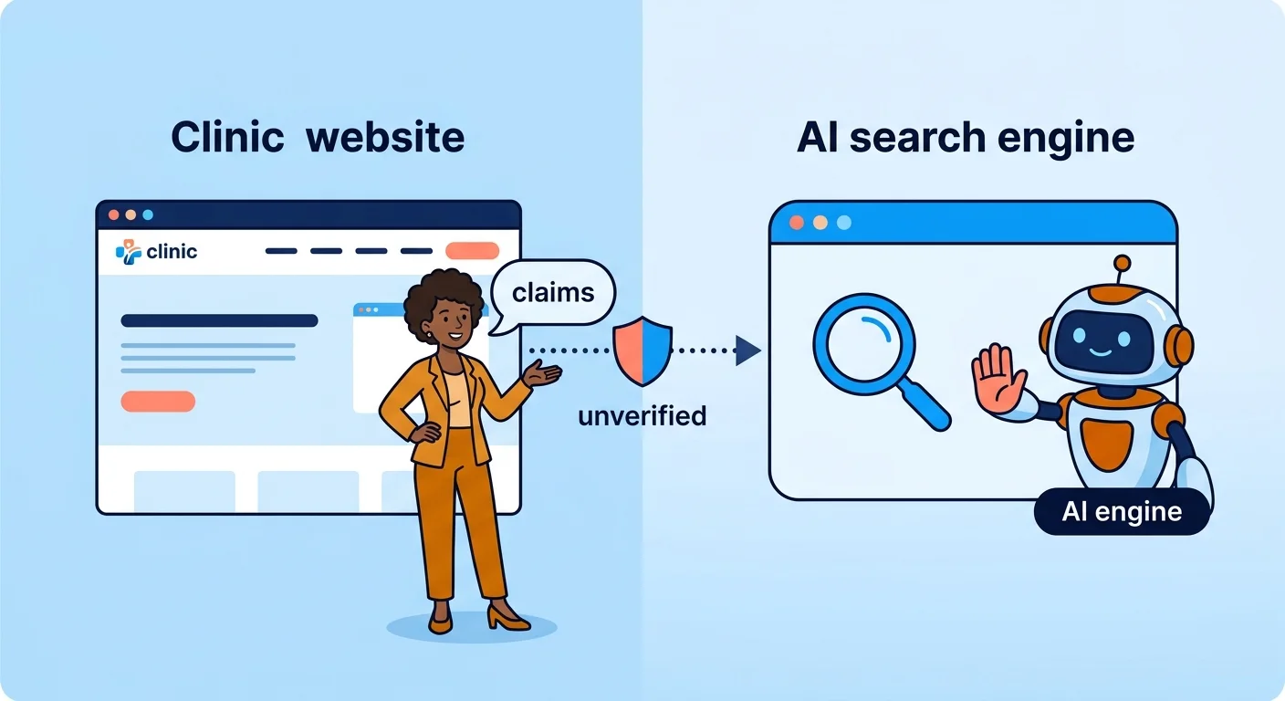 AI search engine rejecting unverified clinic website claims illustration