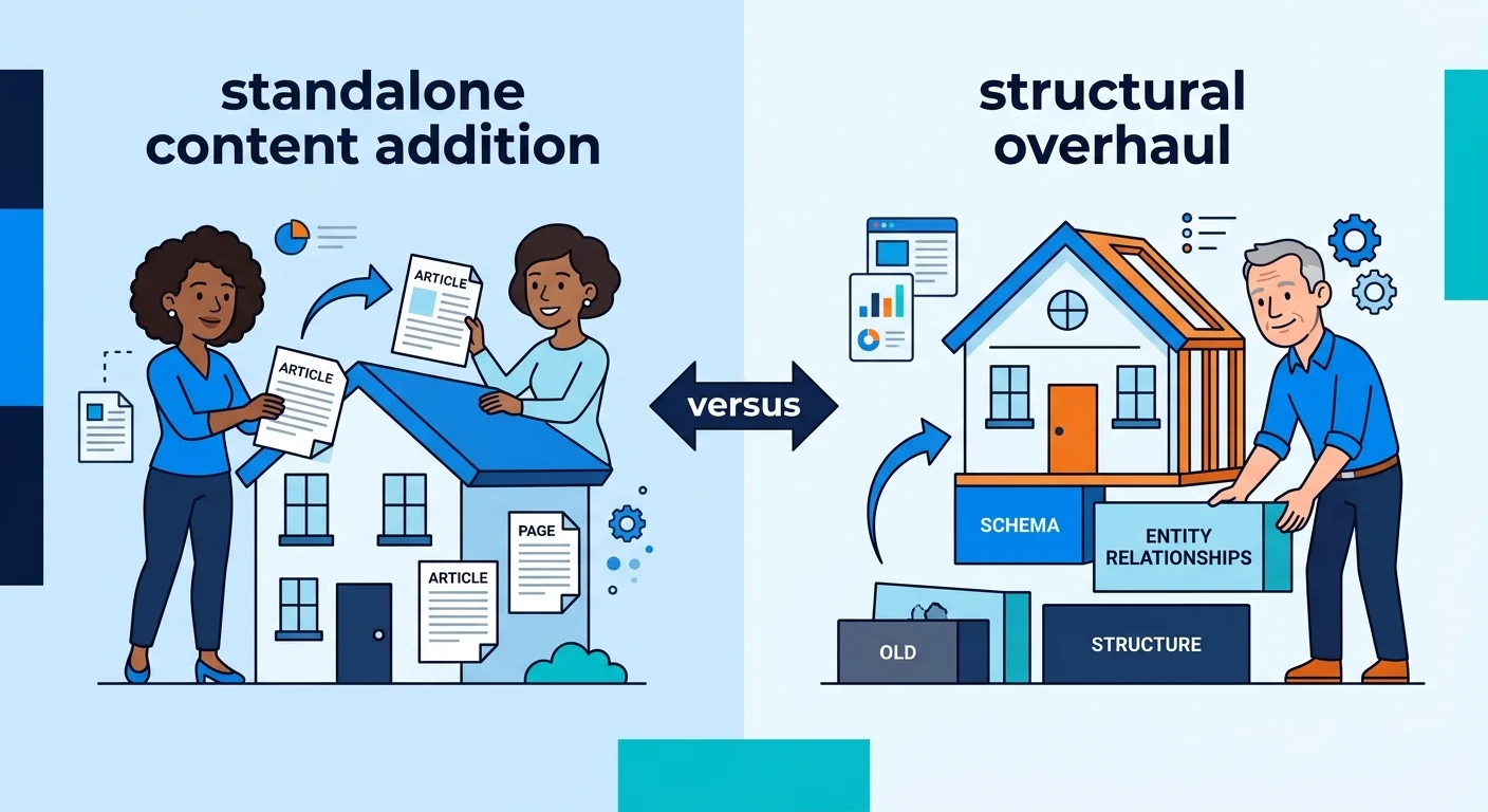 standalone AEO content versus full authority infrastructure rebuild
