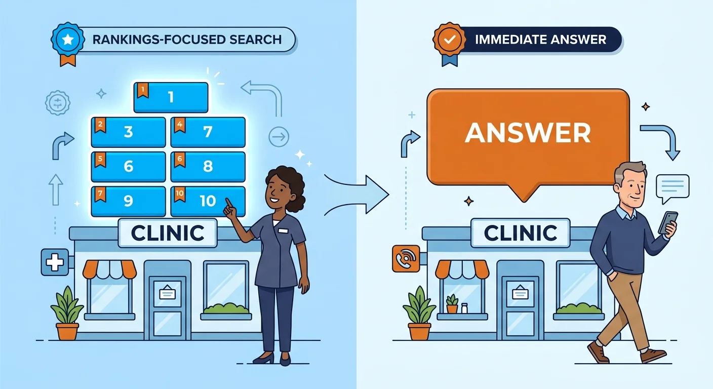Clinic ranking blocks versus single AI answer bubble diagram