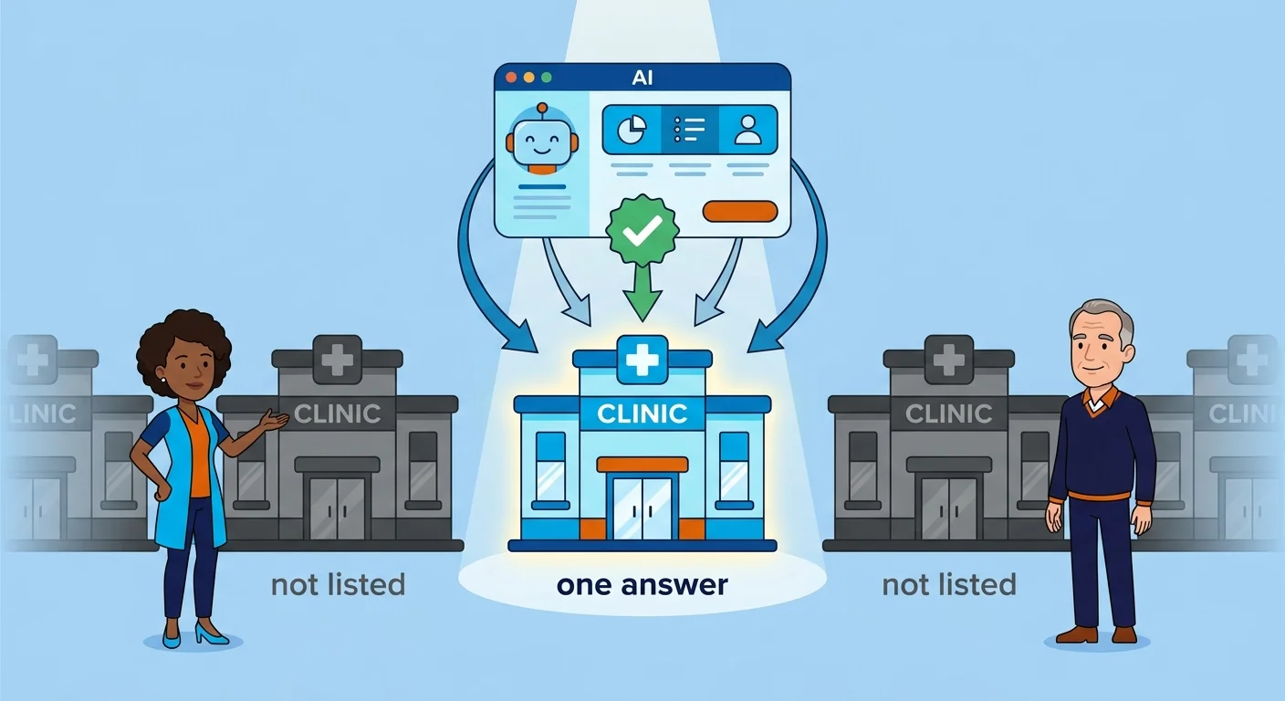 AI engine spotlighting single local clinic recommendation
