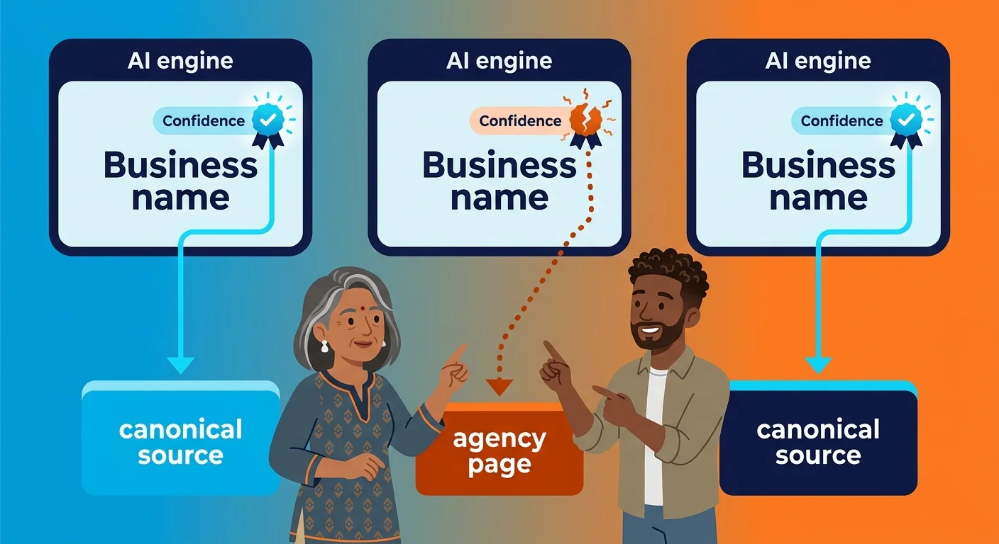 generative search engines trusting canonical entity record over agency page