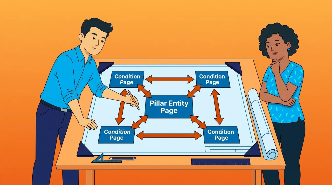 content cluster architecture with entity hub and linked condition pages