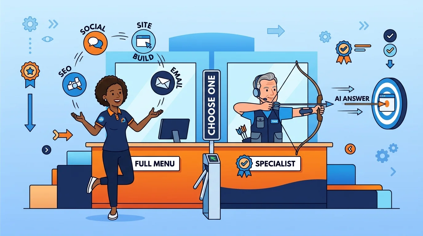 Generalist agency versus answer engine specialist service scope comparison