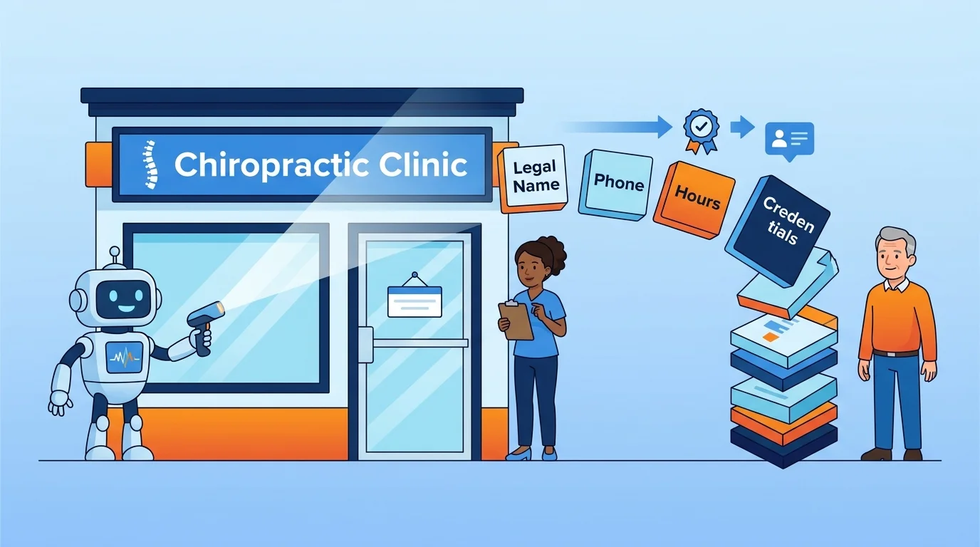 Clinic entity data fields connected to a chiropractic office building