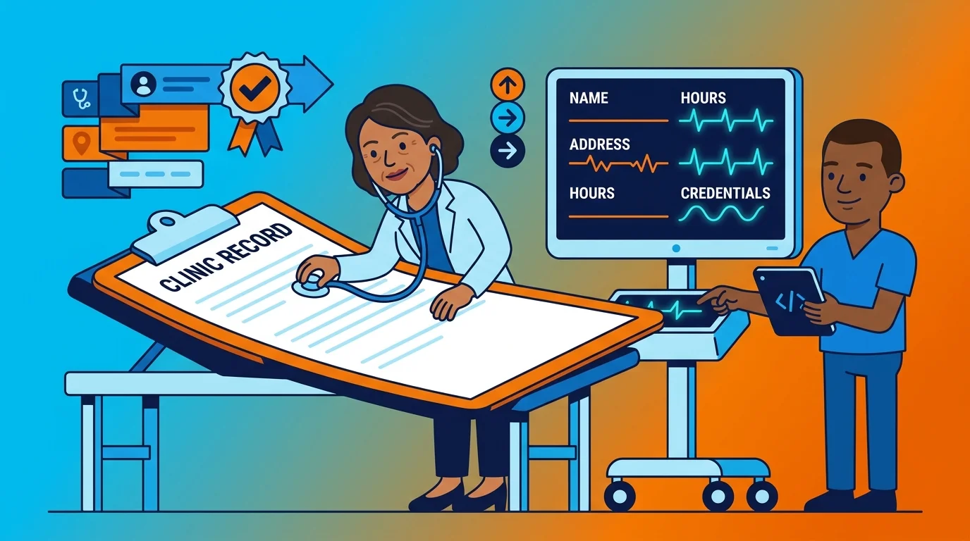 Technician correcting clinic structured data record with checklist