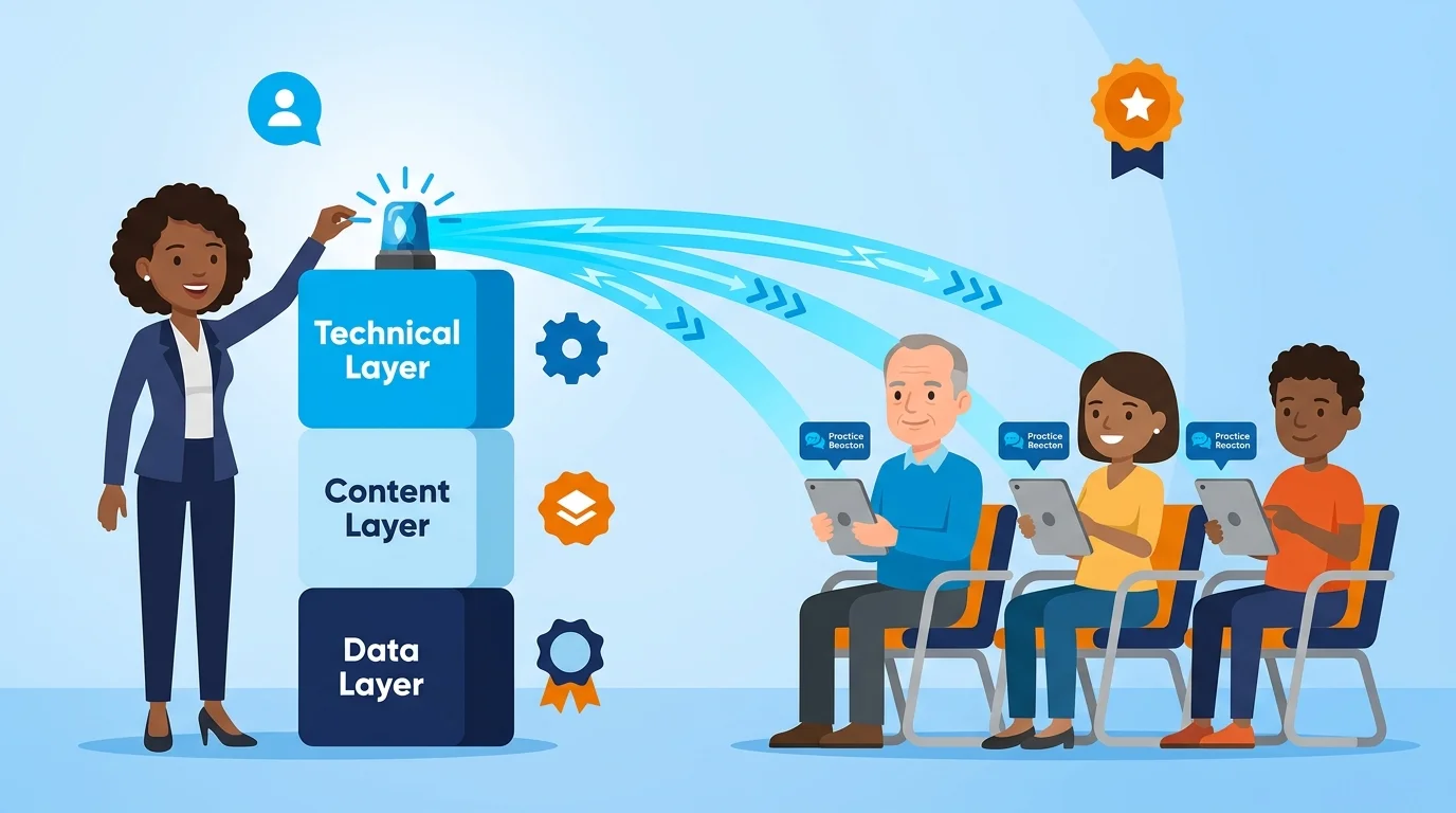 Full stack AI authority engine architecture layers for healthcare practice
