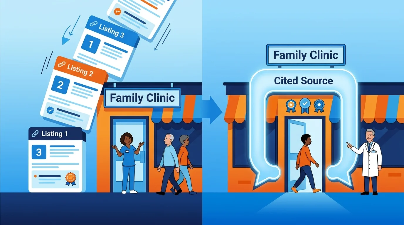 Healthcare practice shown as cited AI answer versus ranked link