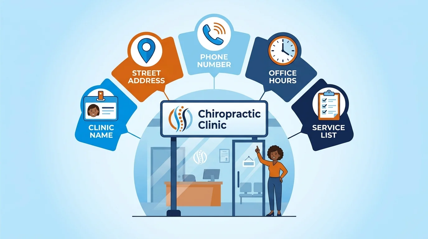 Chiropractic clinic entity data fields name address phone hours services