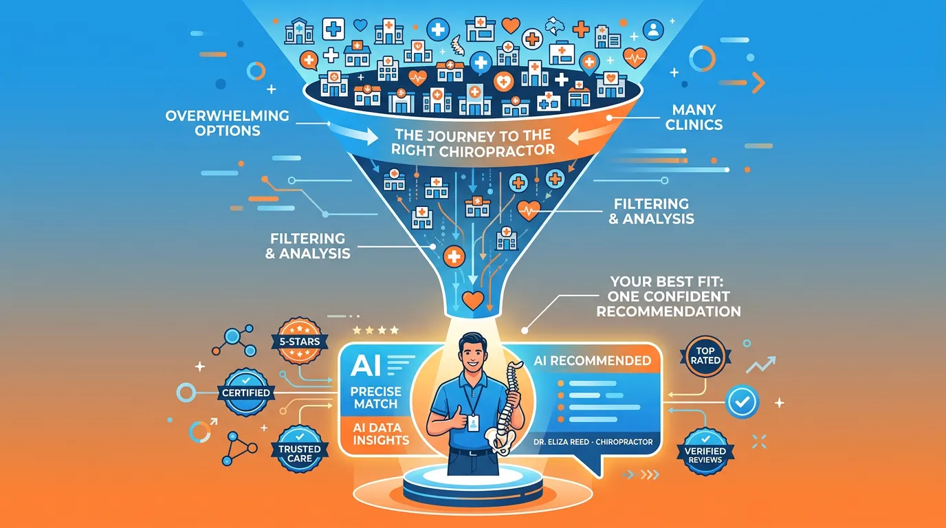 AI recommendation funnel showing 1.2% chiropractic selection from available local clinics