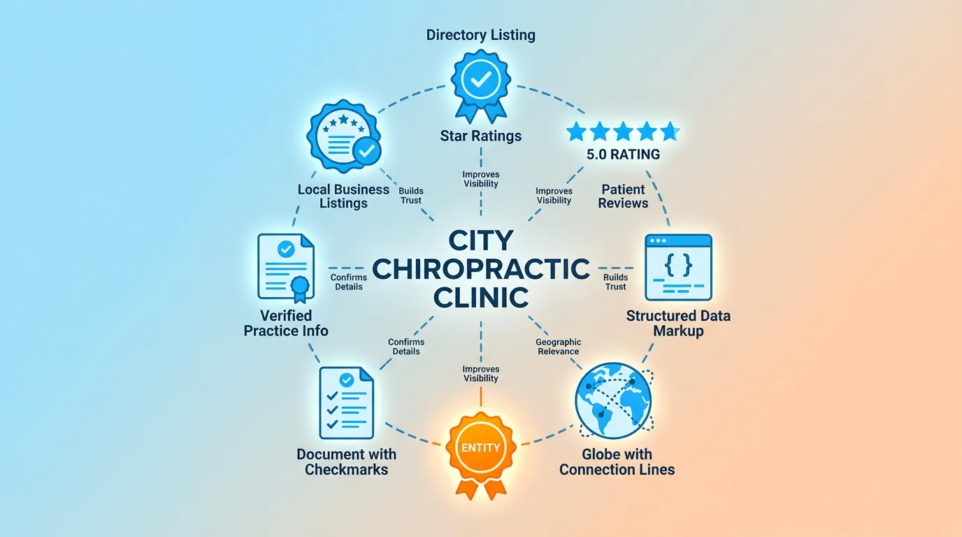 chiropractic entity trust signals connecting directory listings reviews and schema to AI recommendation